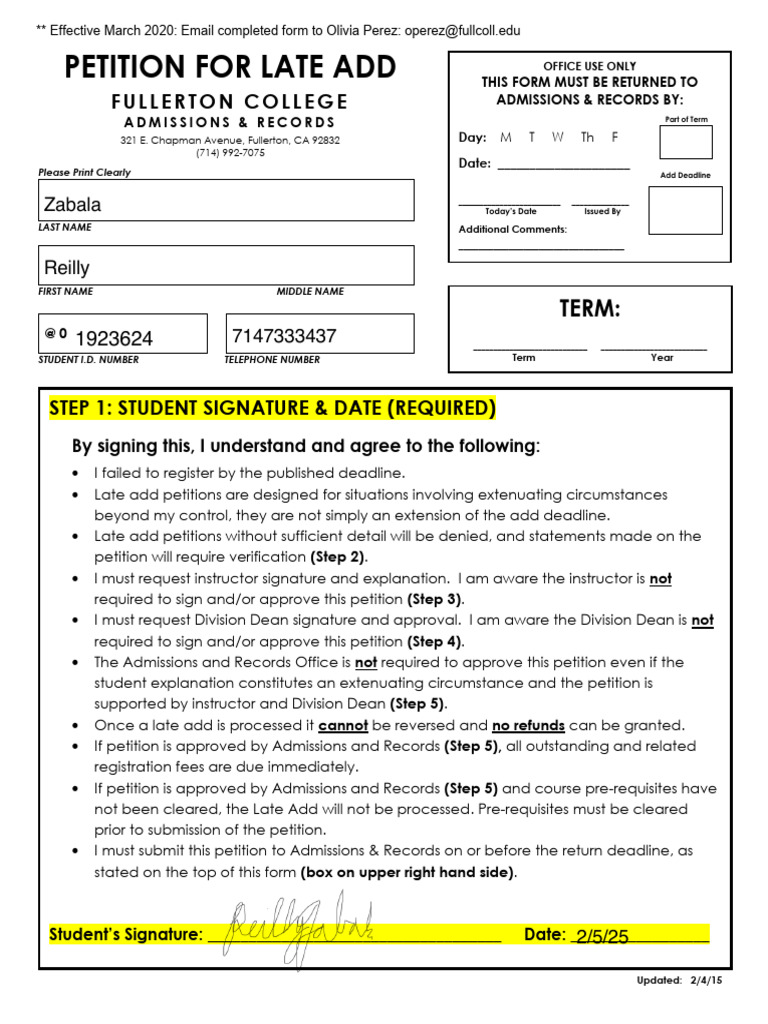 Fullerton College Late Add Petition Form | PDF