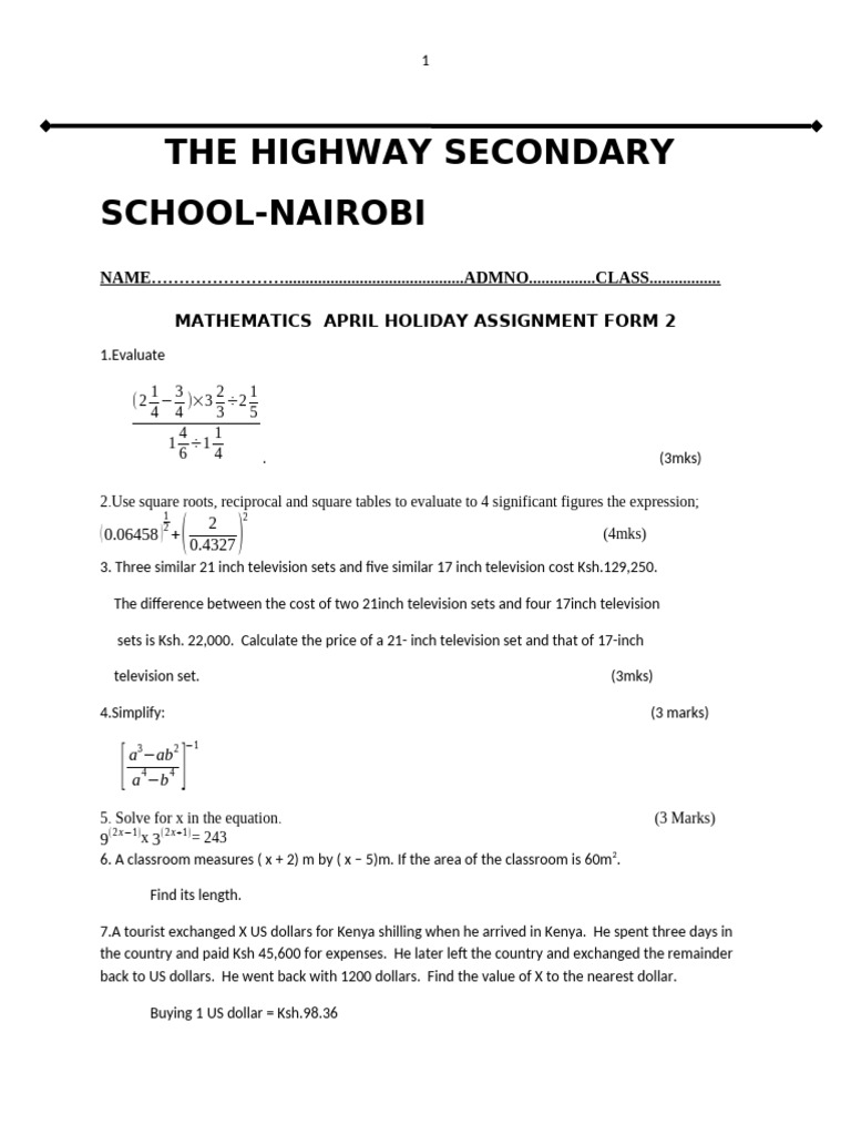 Form 2 Mathematics Holiday Assignment | PDF | Significant Figures ...