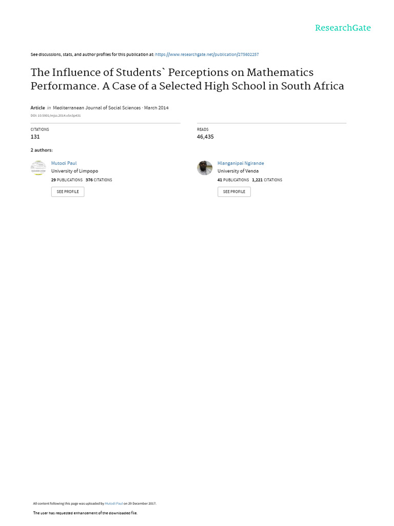 Influence of Student Perceptions on Math Performance | PDF | Cognition