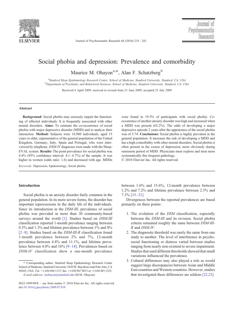 Social Phobia and Depression Prevalence | PDF | Diagnostic And ...