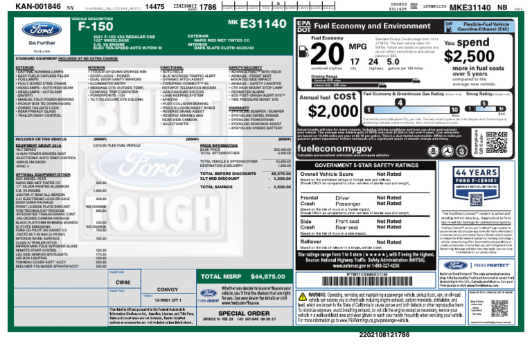 Window Sticker For VIN 1FTMF1C50MKE31140 | PDF | Fuel Economy In ...