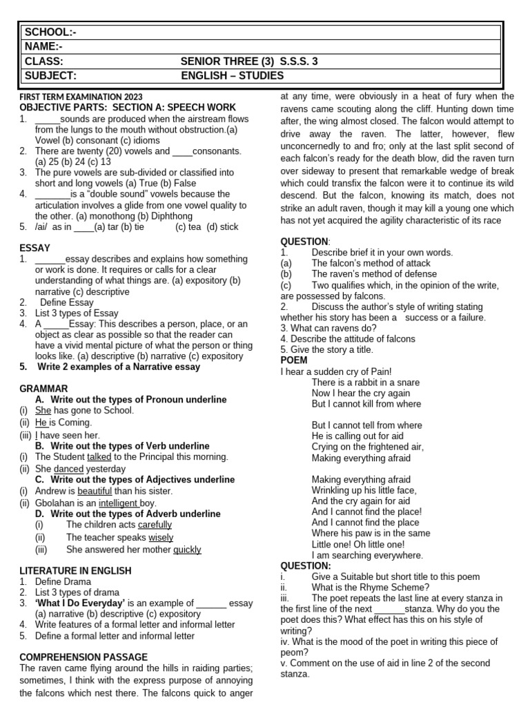 English Studies First Term Exam 2023 | PDF | Poetry | Linguistics