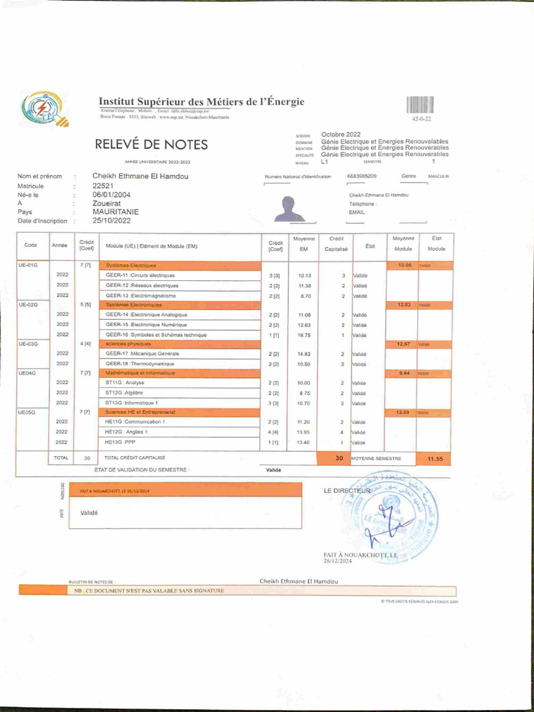 Relevé de Notes | PDF