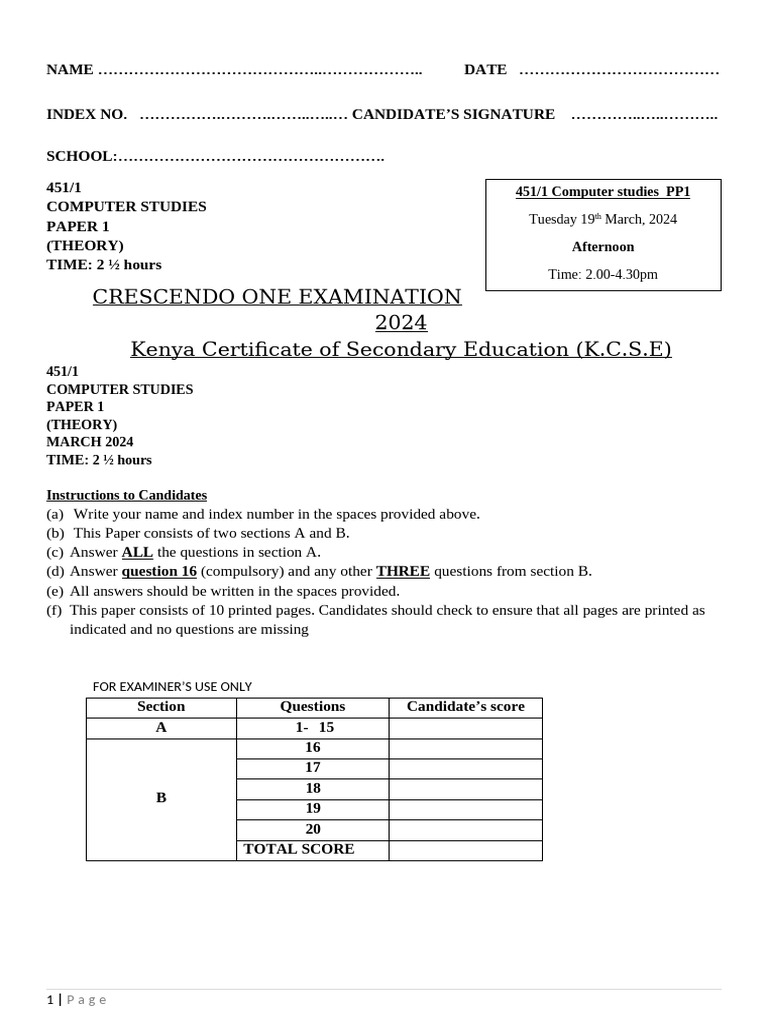 KCSE 2024 Computer Studies PP1 | PDF | Computer Network | Computer Hardware