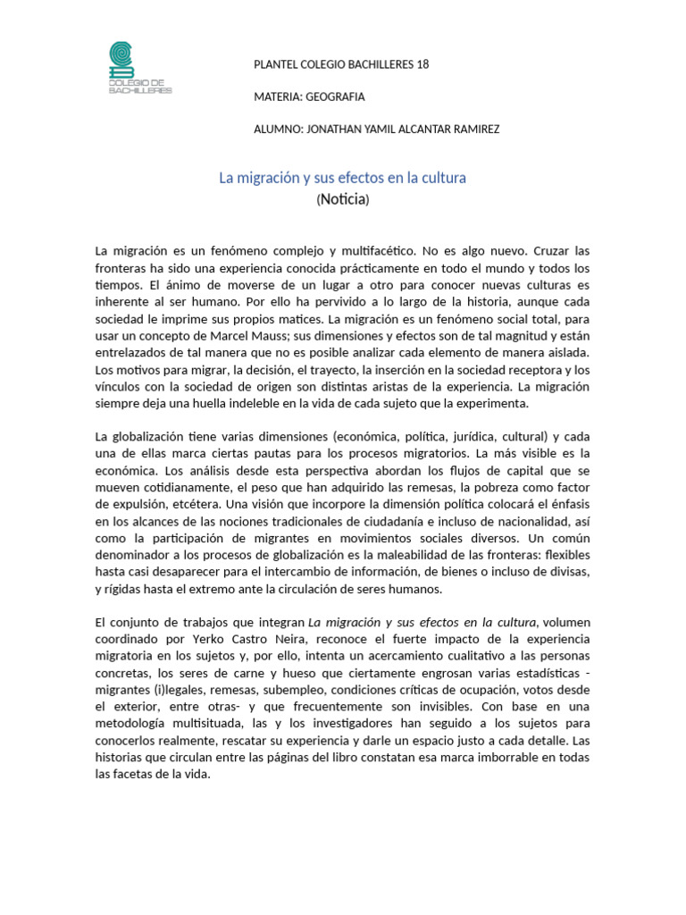 Efectos de la Migración en la Cultura | PDF | Migración humana ...