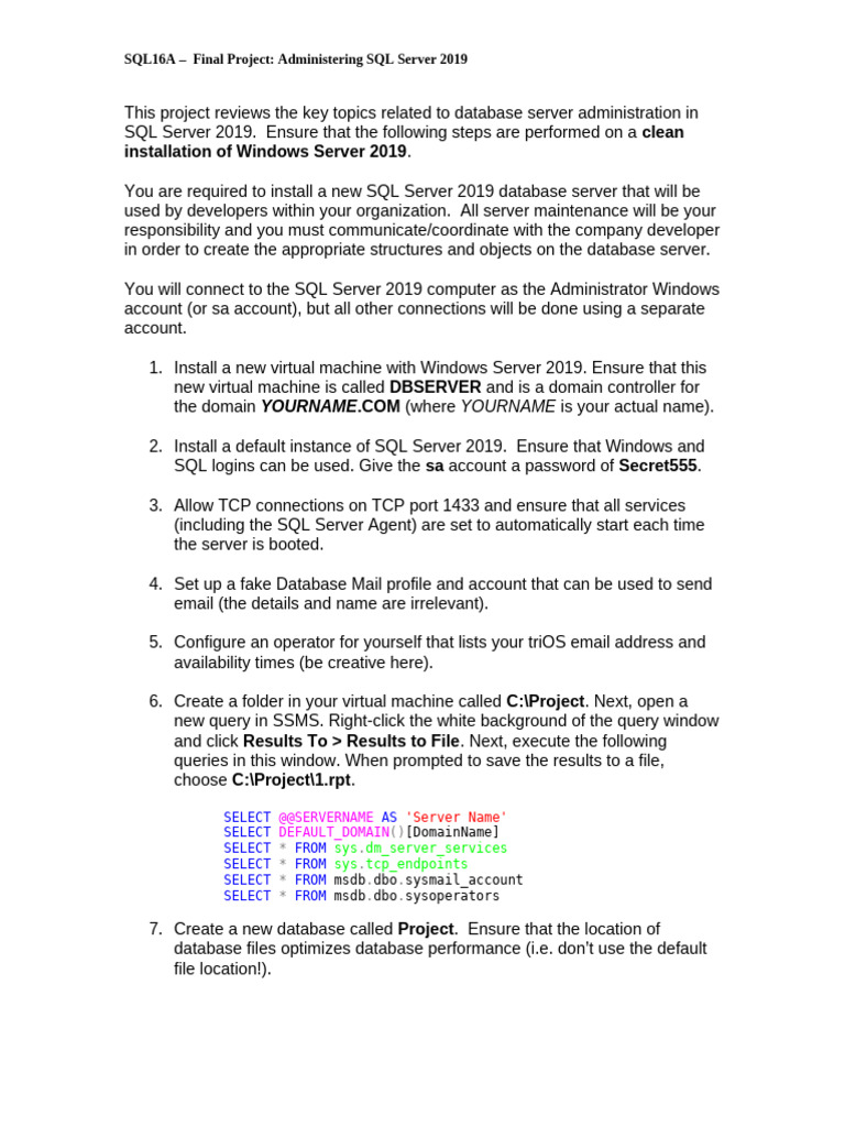 SQL Server 2019 Administration Project | PDF | Microsoft Sql Server ...