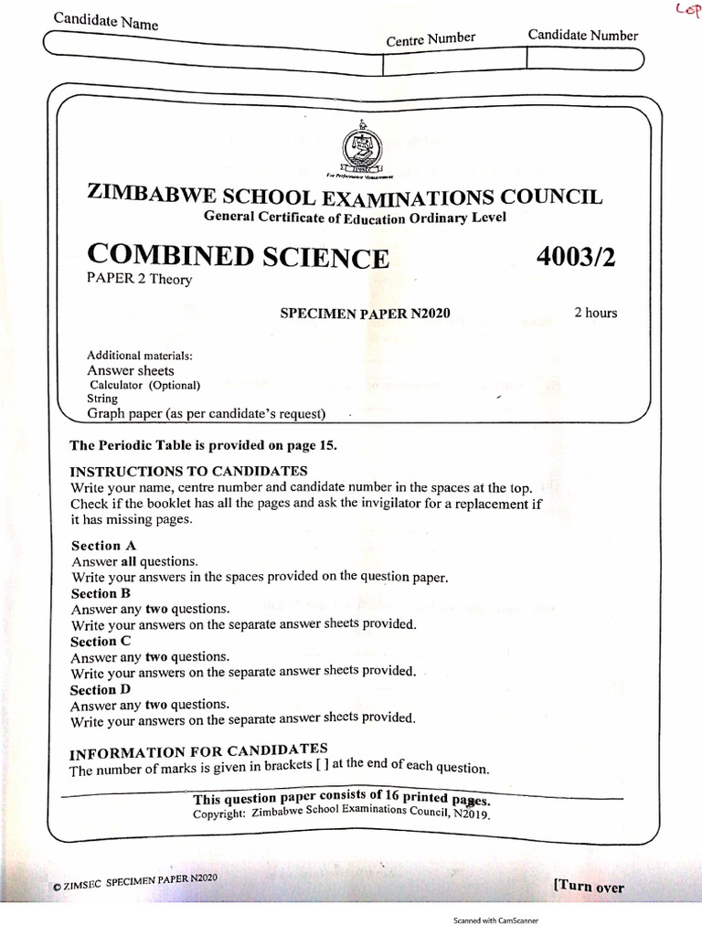 Combined Science Specimen N2020 | PDF