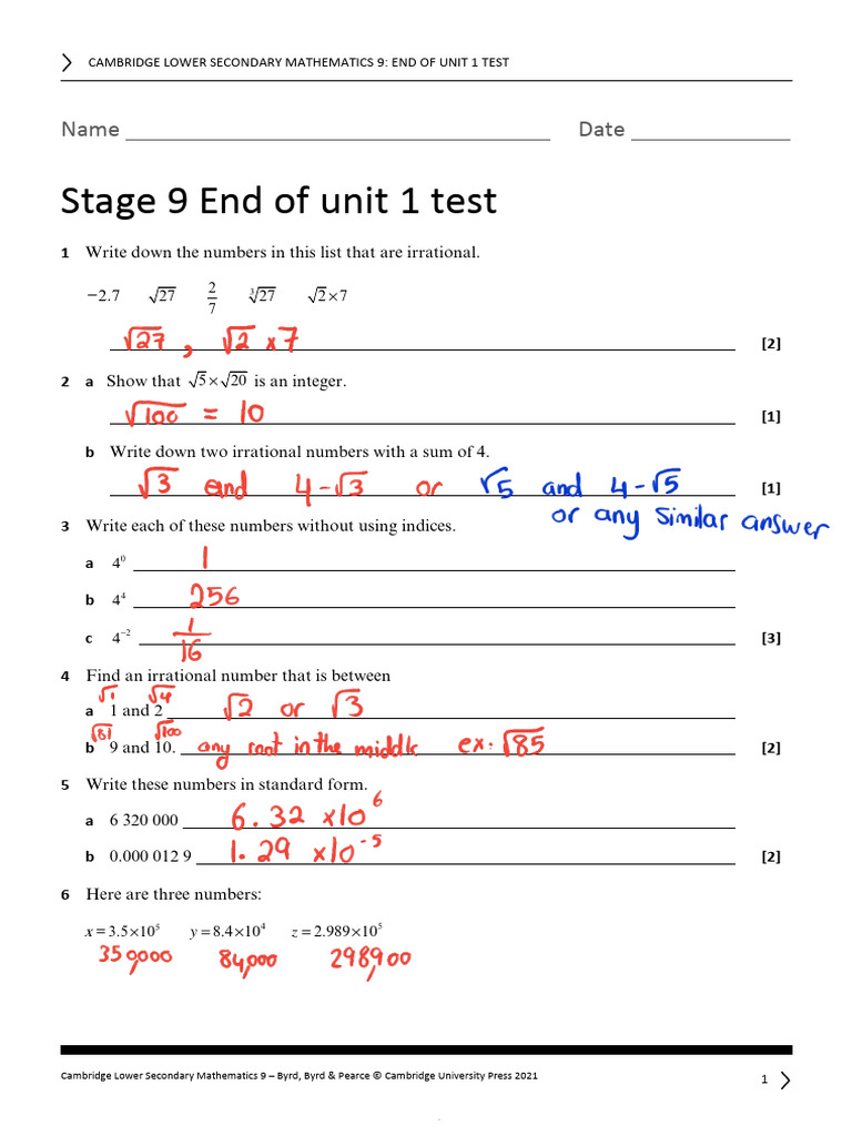 End of Unit Tests Stage 9 Y8 | PDF | Elementary Mathematics ...