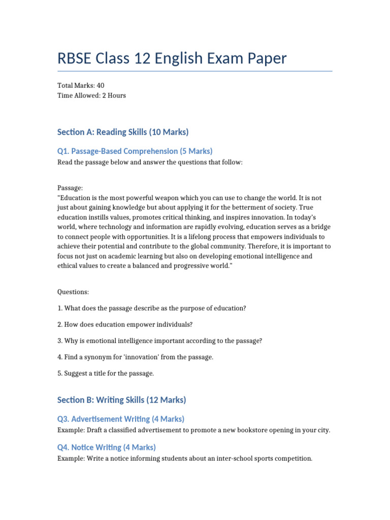 RBSE Class 12 English Exam Overview | PDF | Learning | Cognition