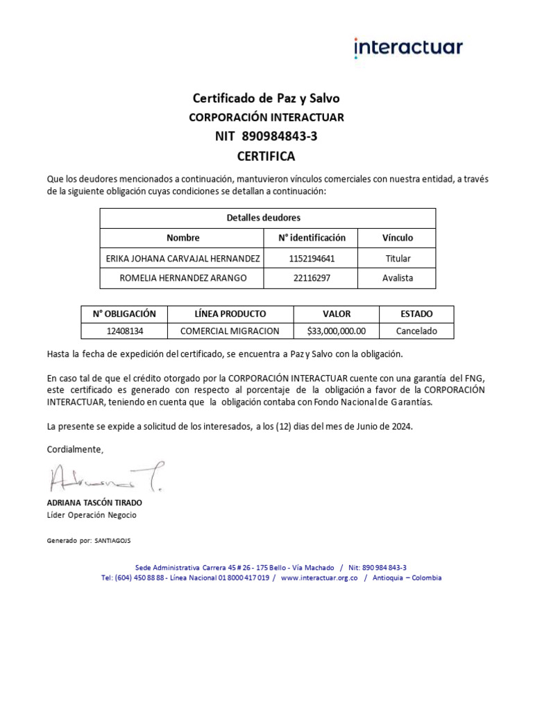 Certificado Paz y Salvo Interactuar | PDF