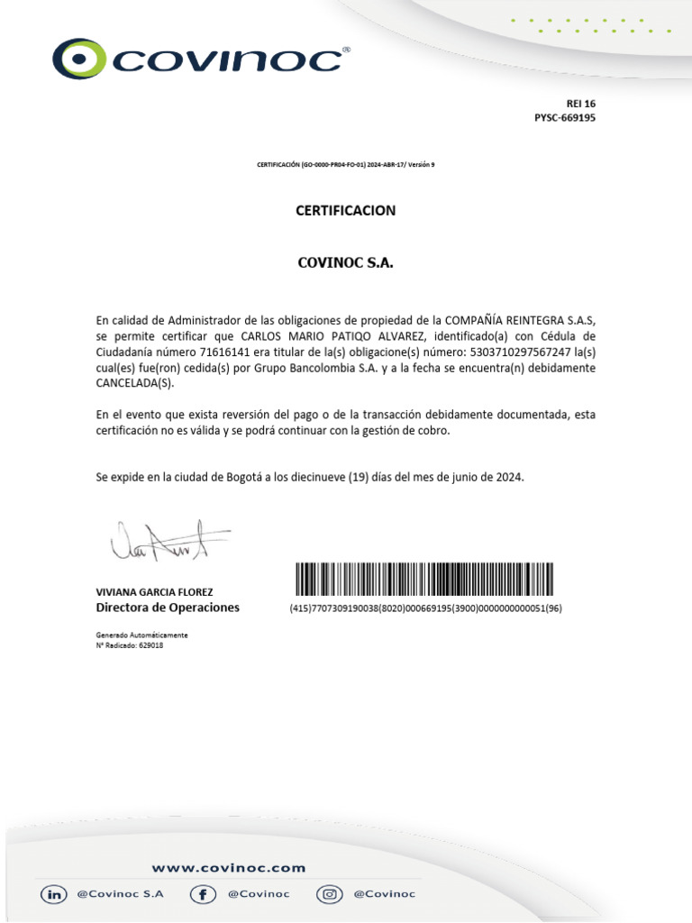 Certificación de Paz y Salvo - Covinoc S.A. | PDF