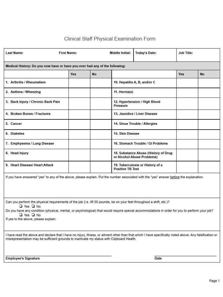 Clinical Staff Physical Exam Form | PDF | Physical Examination ...