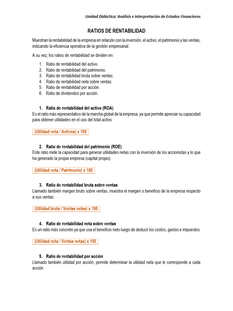 Fórmulas de Ratios de Rentabilidad | PDF