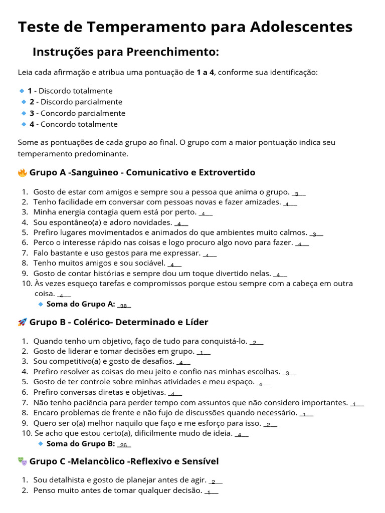 Teste de Temperamento para Adolescentes | PDF