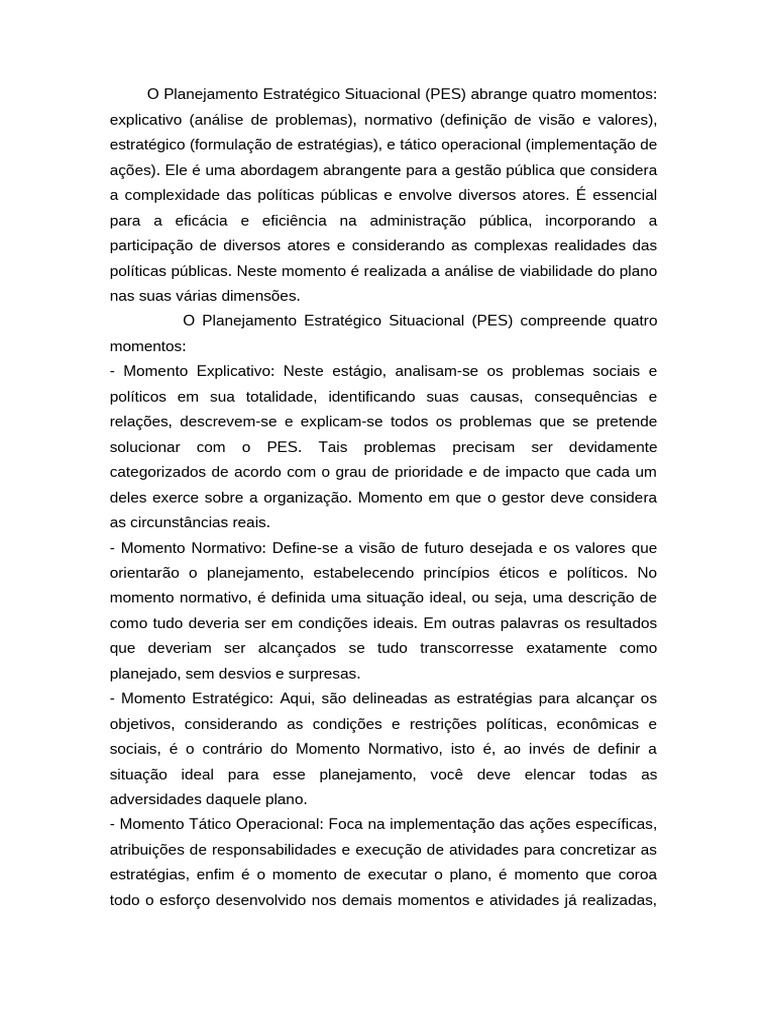Momentos do Planejamento Estratégico Situacional | PDF | Planejamento ...