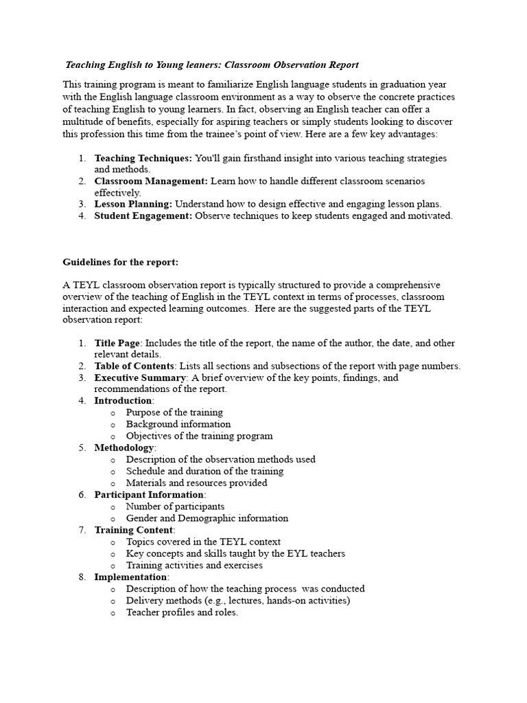 TEYL Classroom Observation Report | PDF | Teachers | Educational Assessment