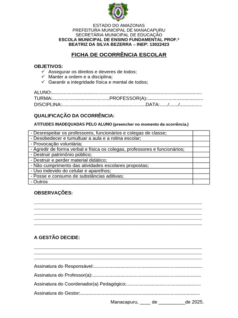 Ficha de Ocorrência Escolar | PDF