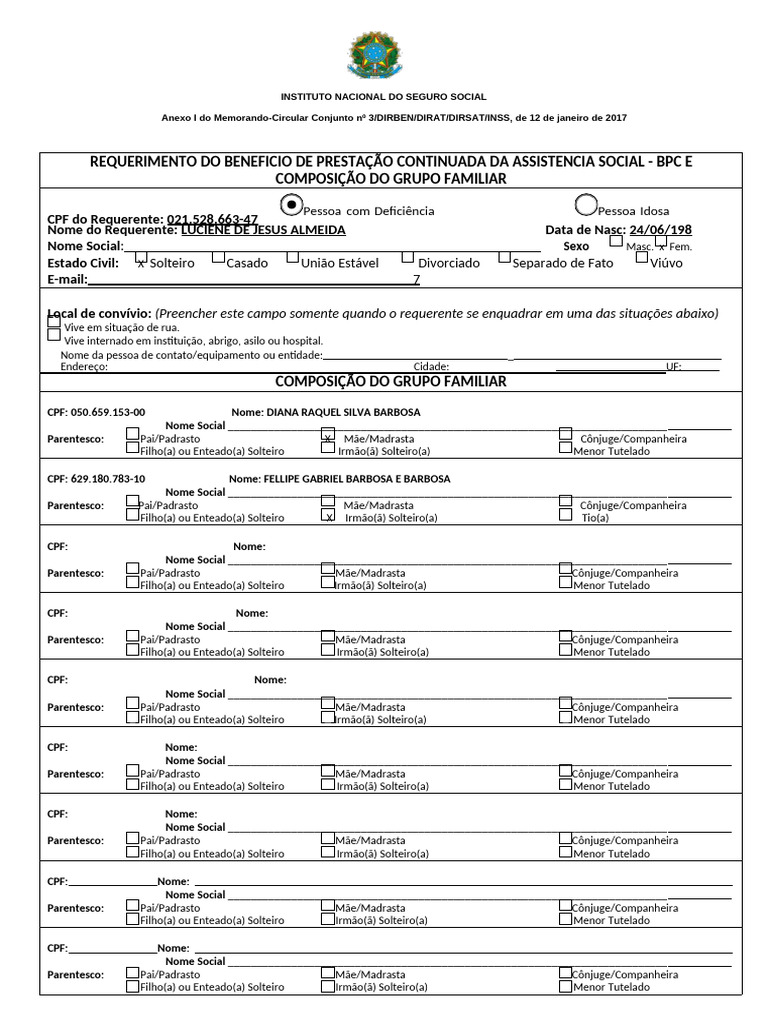 REQUERIMENTO BPC | PDF | Casamento | Estado civil