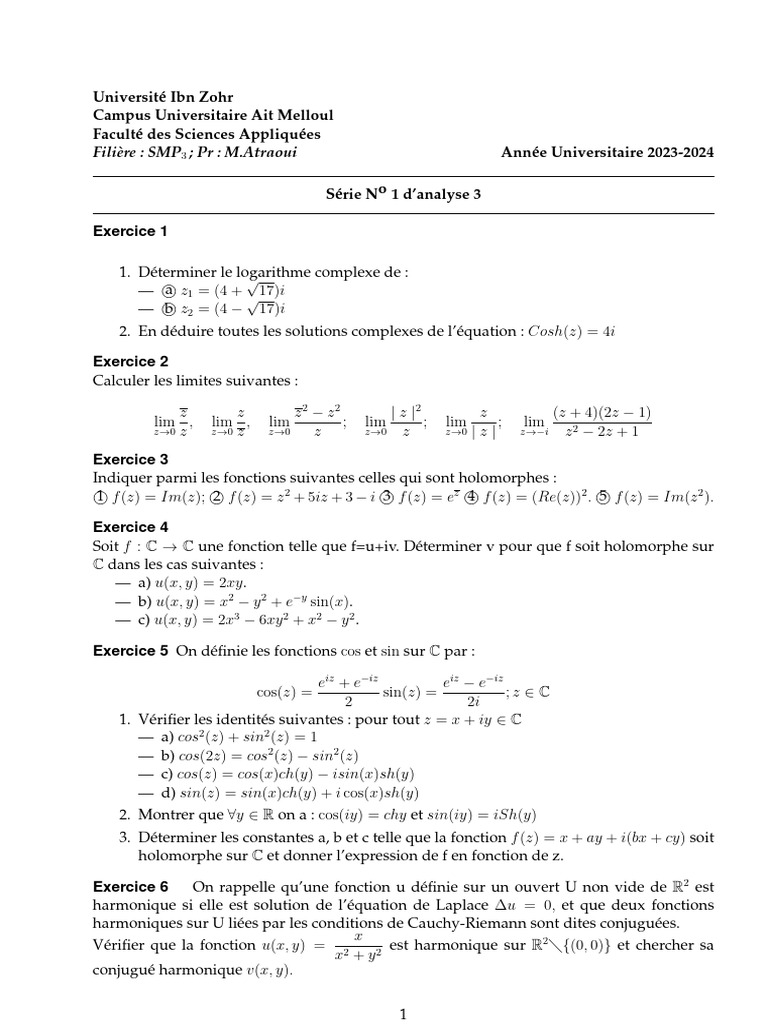 Exercices d'Analyse Complexe 2023-2024 | PDF | Fonction holomorphe ...