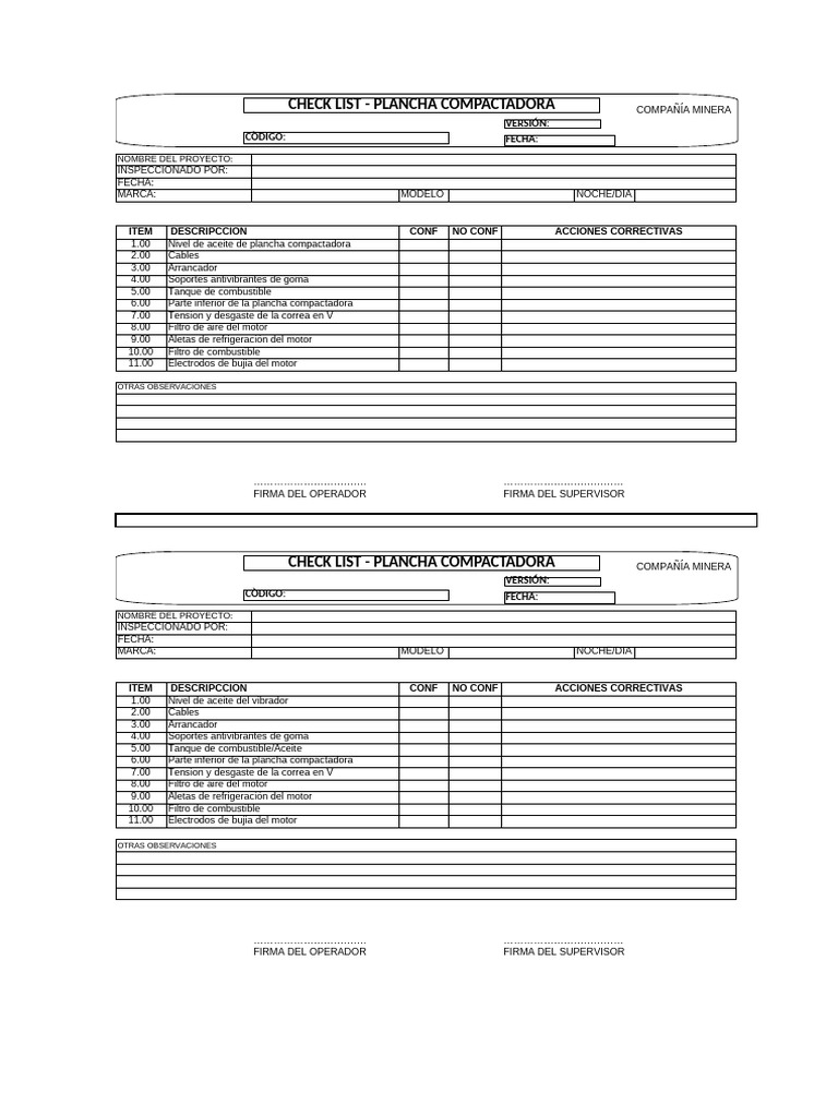 Checklist de Inspección Plancha Compactadora | PDF