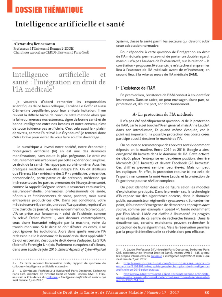 Intelligence Artificielle Et Sante Lintegration en Droit de Lia ...