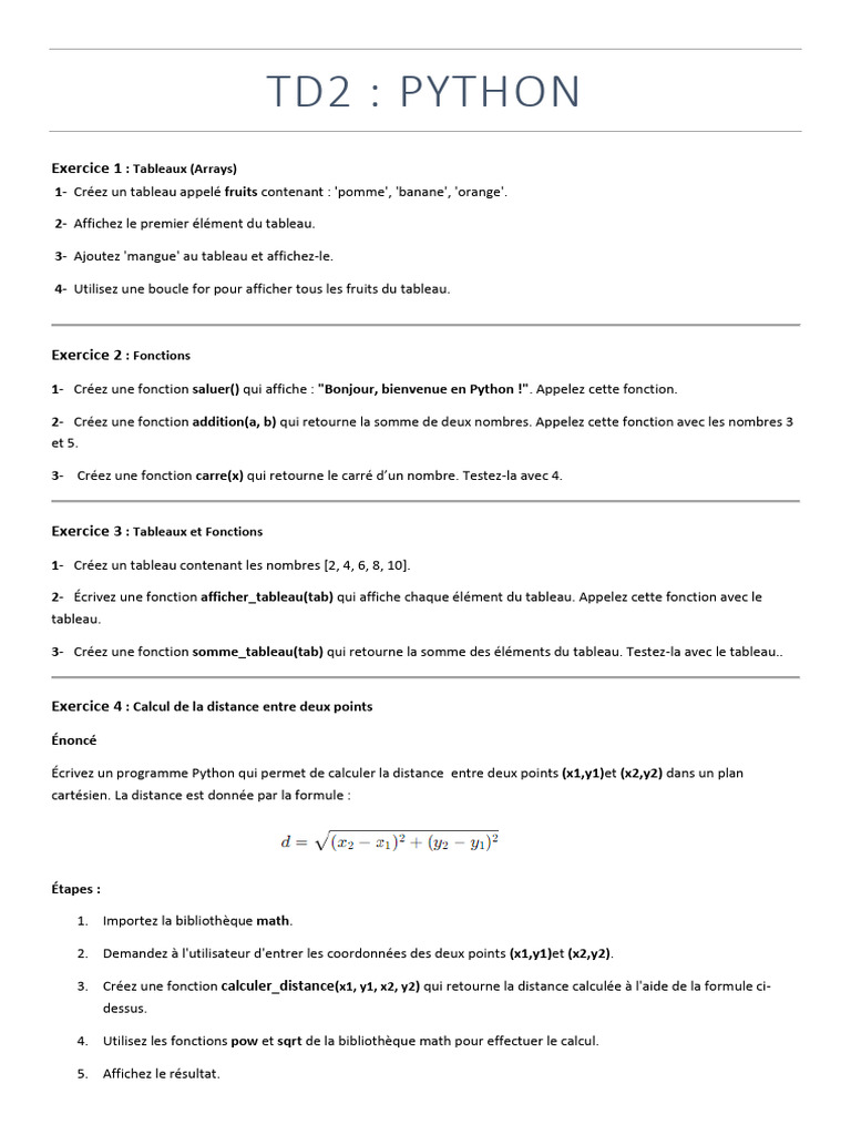 Exercices Python : Tableaux et Fonctions | PDF
