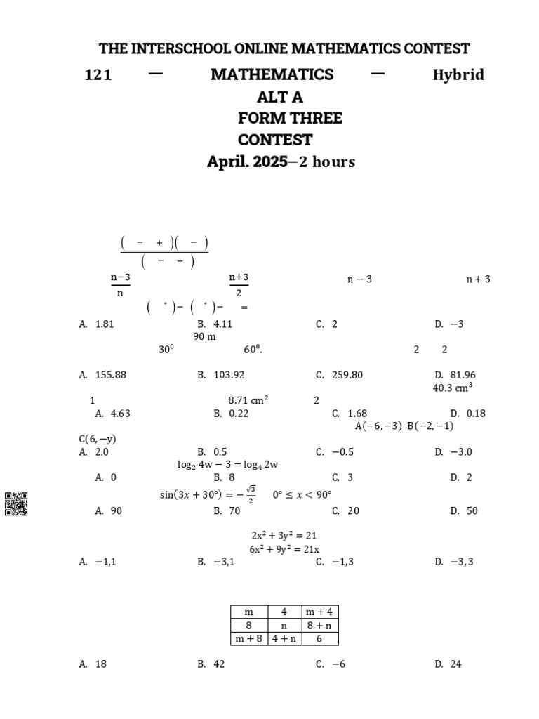 Interschool Math Contest 2025 Questions | PDF | Area | Equations