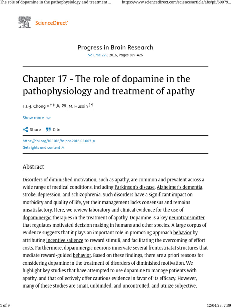 The Role of Dopamine in The Pathophysiology and Treatment of Apathy ...
