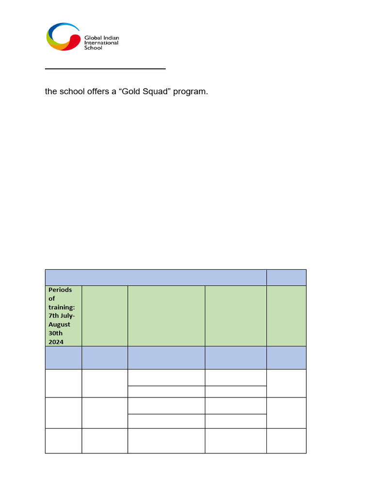 Gold Squad Training Schedule 2024-25 | PDF