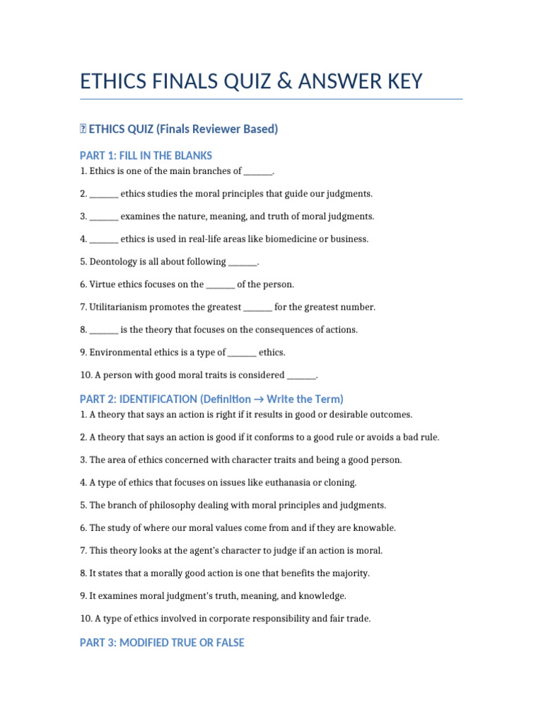 Ethics Finals Quiz and Answer Key | PDF | Virtue Ethics | Applied ...