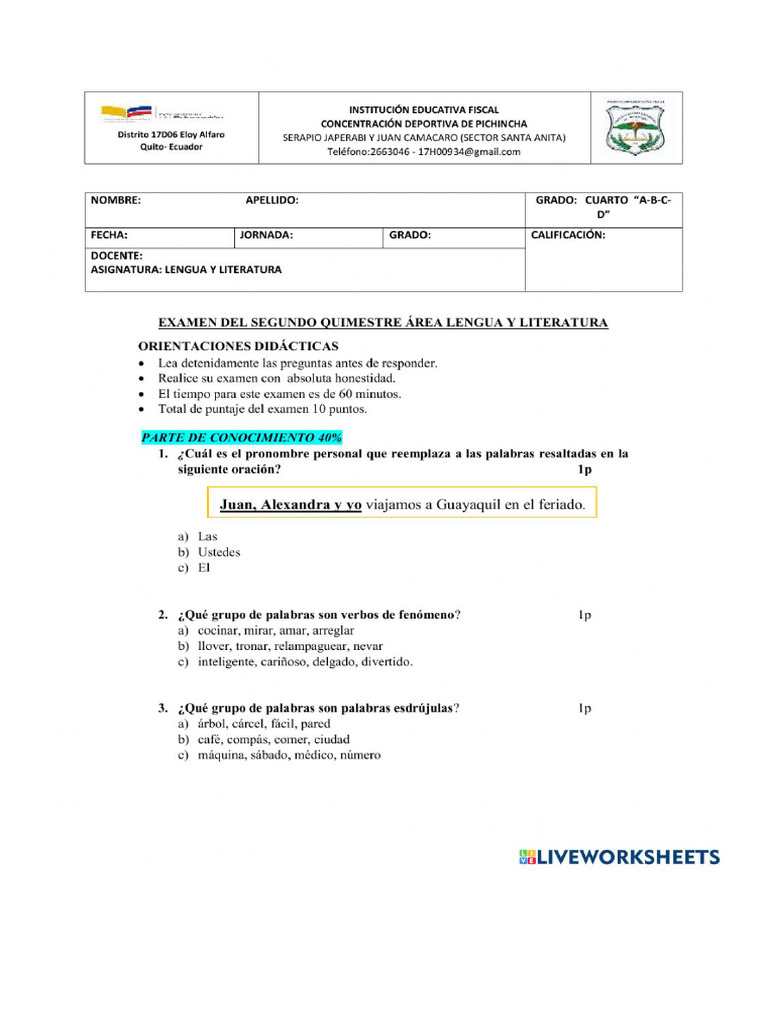 Examen Del 2do Quimestre - Lengua y Literatura - 4to Grado | PDF