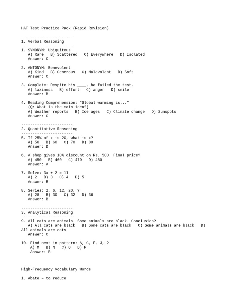 HAT Test Vocabulary and Practice Guide | PDF
