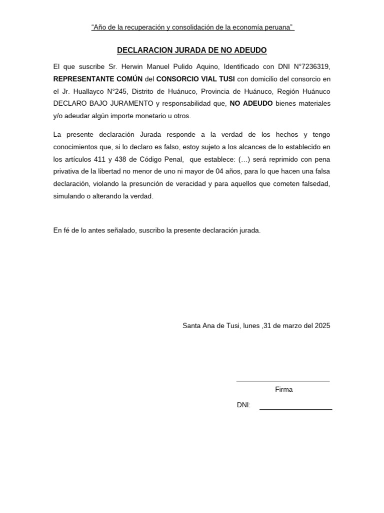 Declaracion Jurada de No Adeudo | PDF
