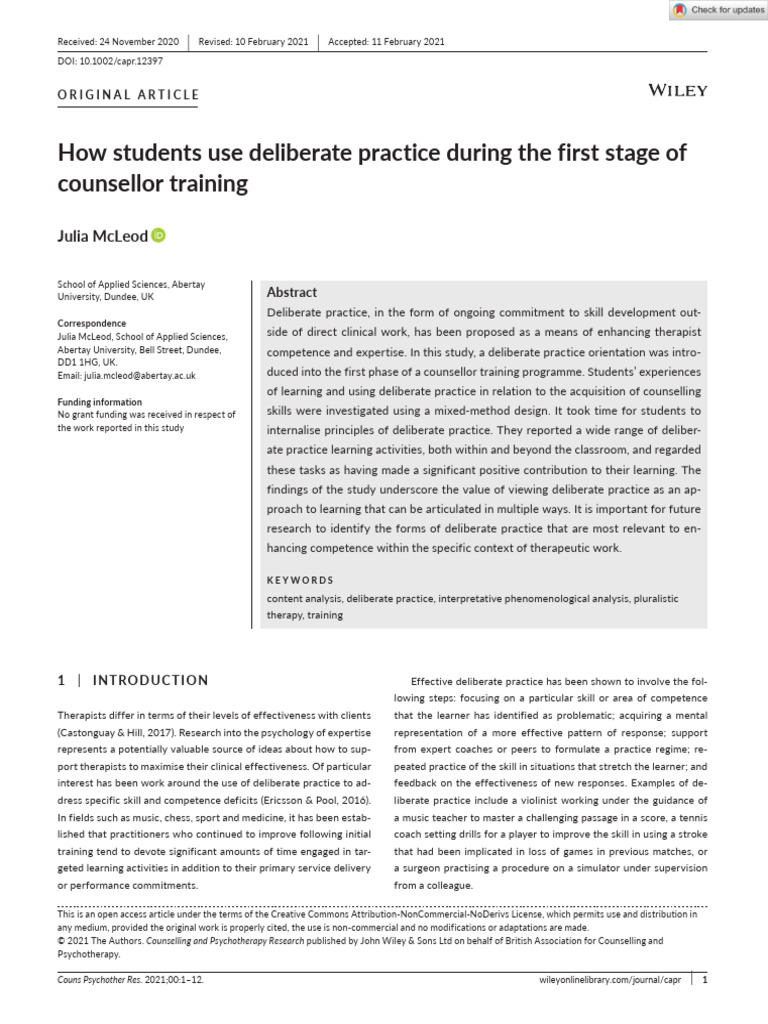 Deliberate Practice in Counsellor Training | PDF | Psychotherapy | Learning