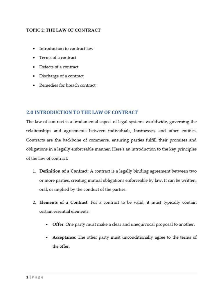 Topic 2 - Law of Contract | PDF | Breach Of Contract | Legal Remedy