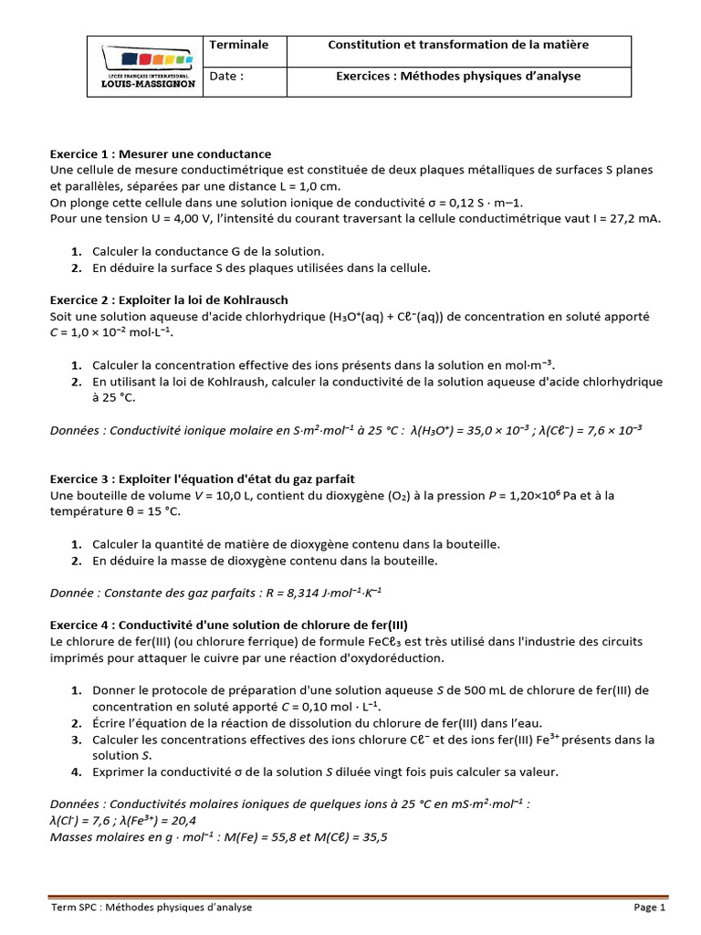 Exercices sur les méthodes d'analyse chimique | PDF | Ion | Sciences ...