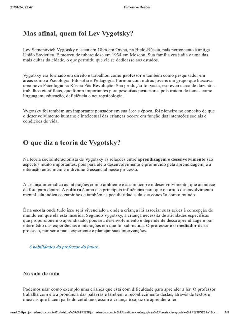 Teoria de Aprendizagem de Vygosky, M | PDF