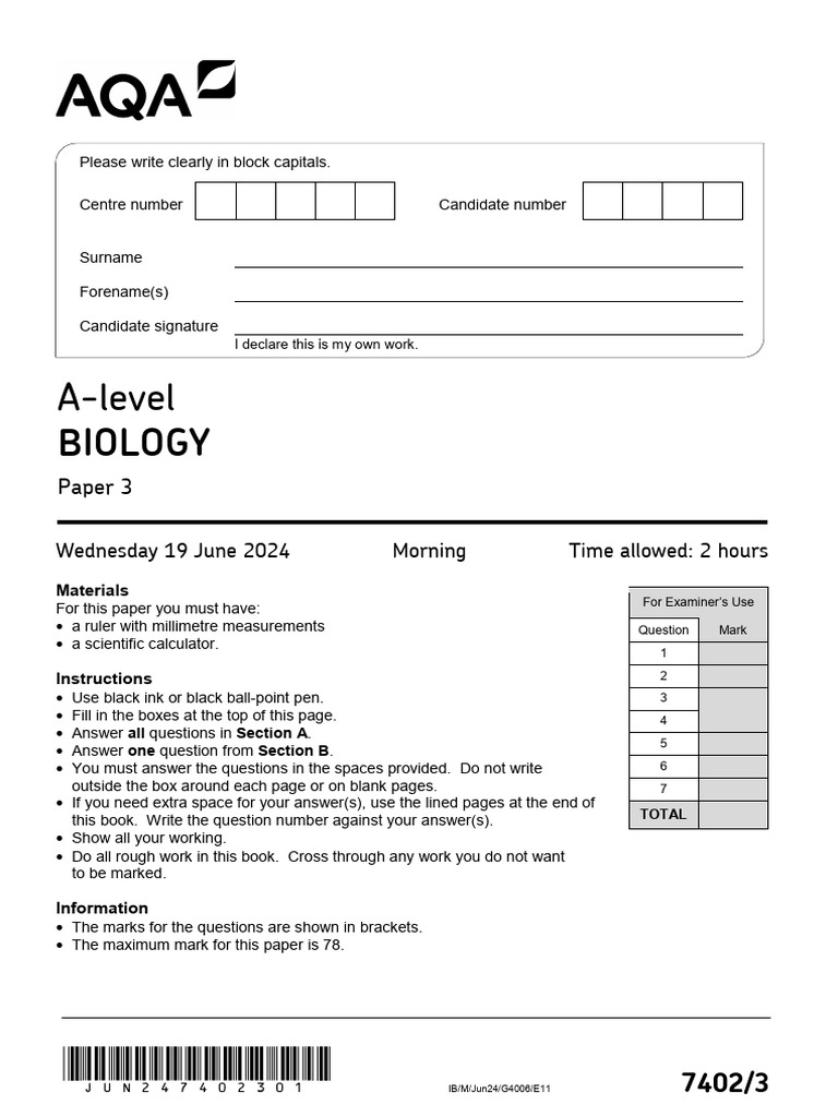 AQA A Level Biology Paper 3 2024 | PDF | Mutation | Mitochondrial Dna