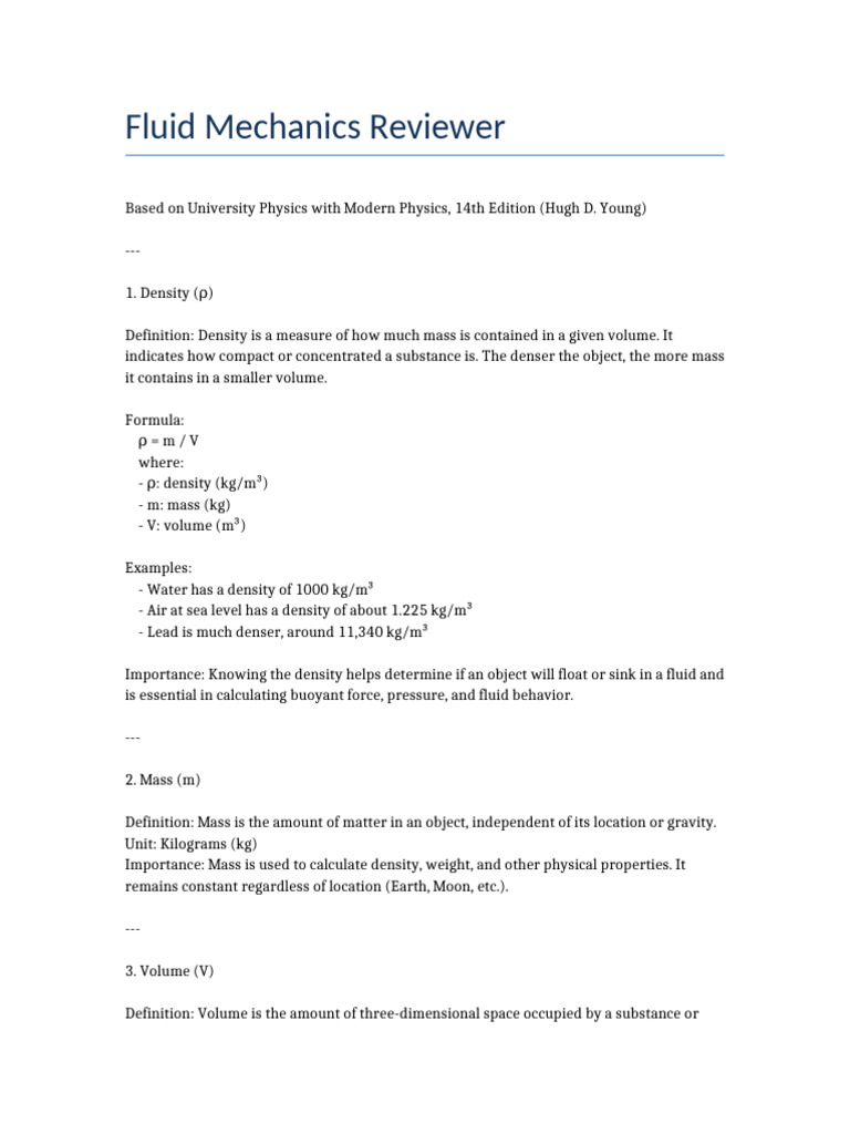 Fluid Mechanics Key Concepts Review | PDF | Pressure | Buoyancy