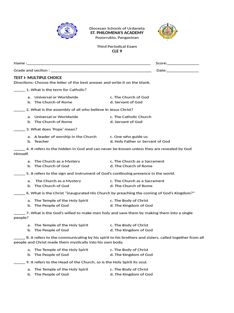 CLE 9 3rd Periodical Exam | PDF | Catholic Church | Christian Church
