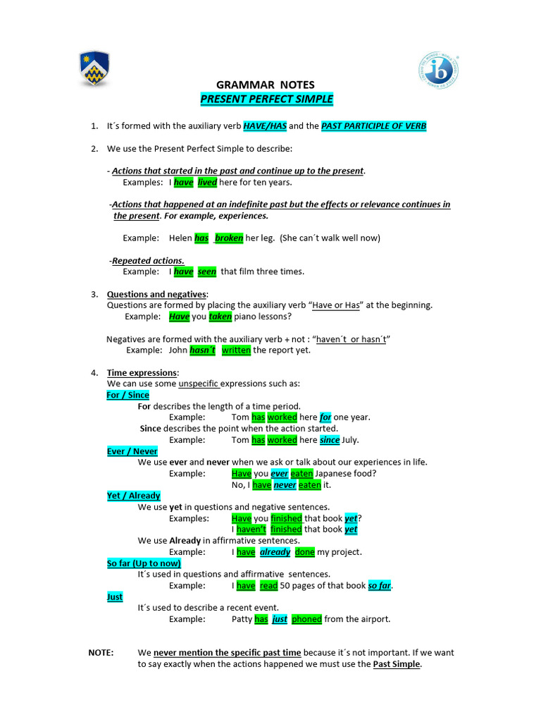 Present Perfect Simple Grammar Guide | PDF