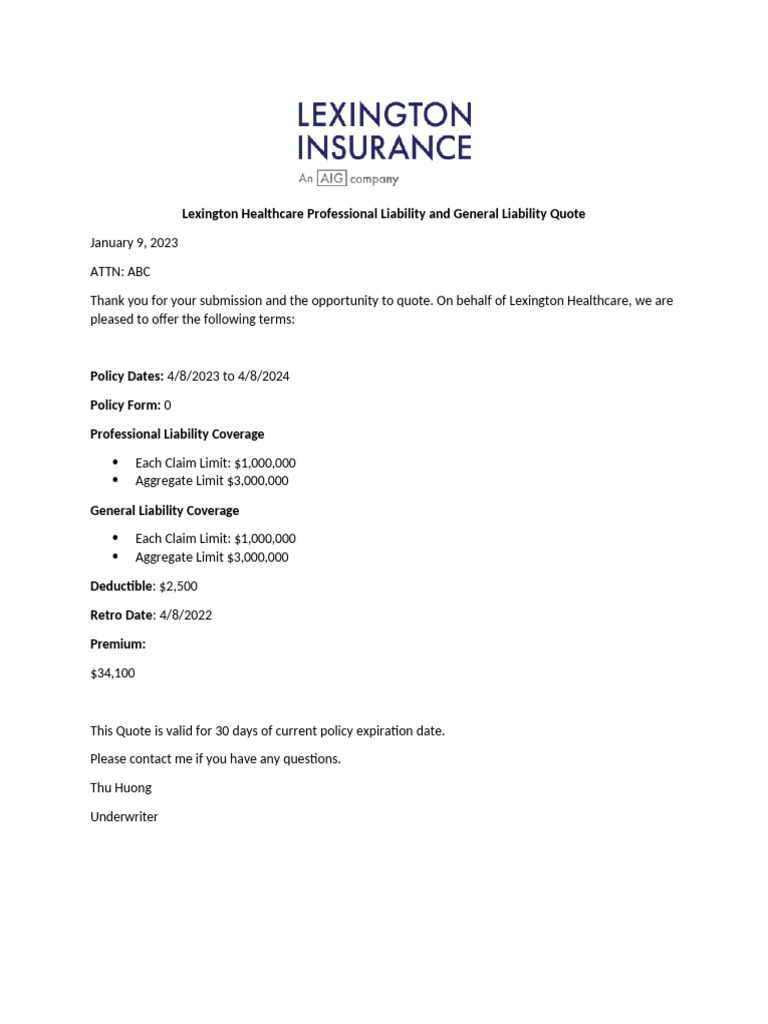 Lexington Healthcare Quote Answer | PDF