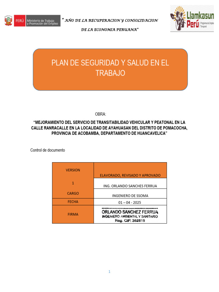 Plan de Seguridad y Salud Ocupacional Pomacocha | PDF | Seguridad y ...