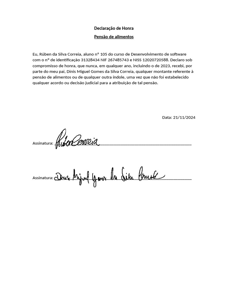 Declaração de Honra sobre Pensão de Alimentos | PDF