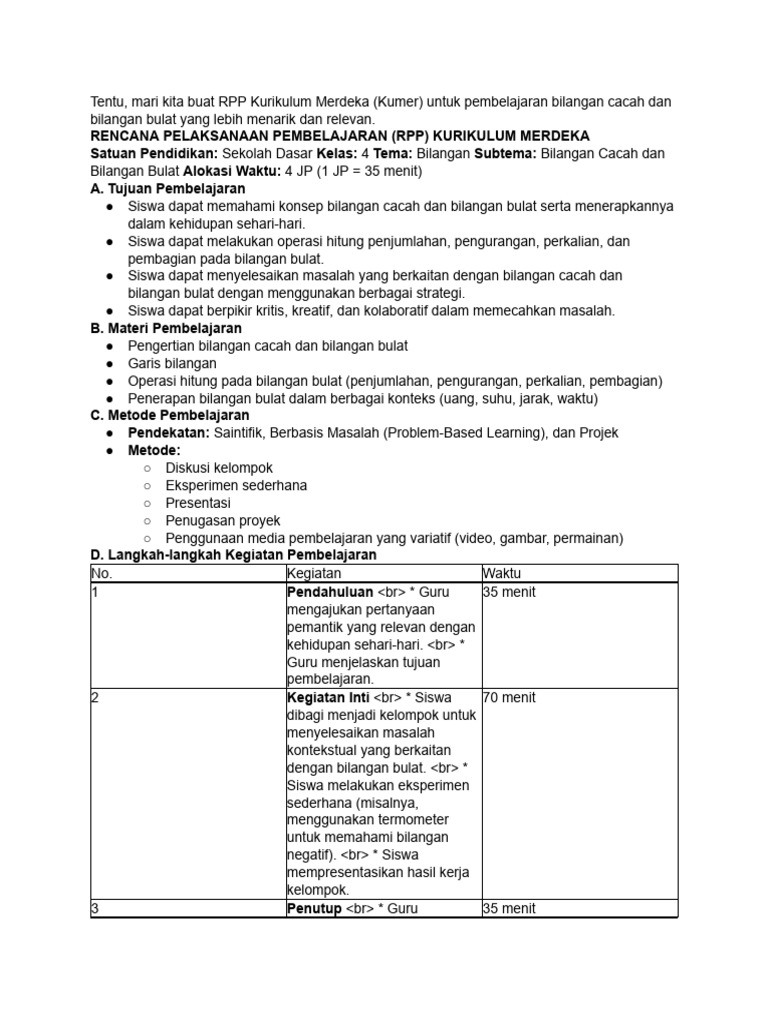 RPP Kumer: Pembelajaran Bilangan Cacah dan Bulat | PDF