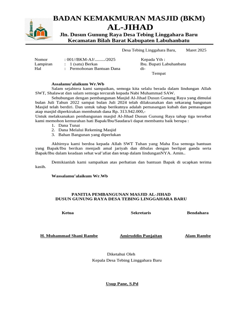 Permohonan Dana Pembangunan Masjid | PDF