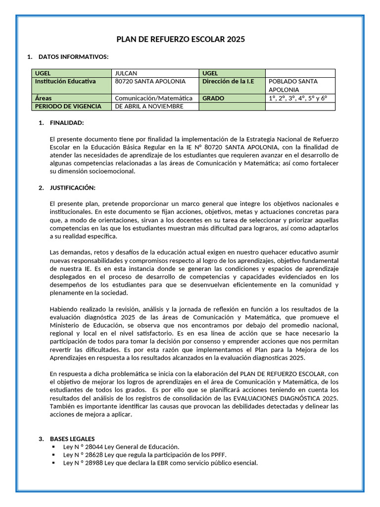 Plan de Refuerzo Escolar 2025 | PDF | Evaluación | Plan de estudios