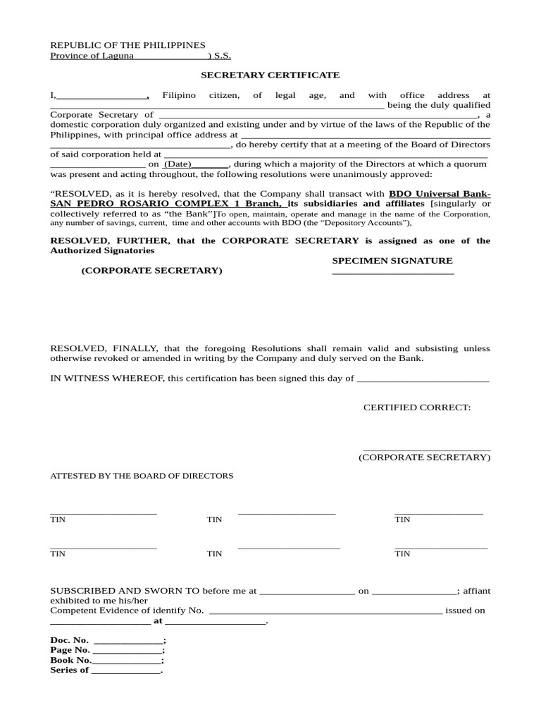 Secretary Certificate for Corporate Banking | PDF | Government | Justice