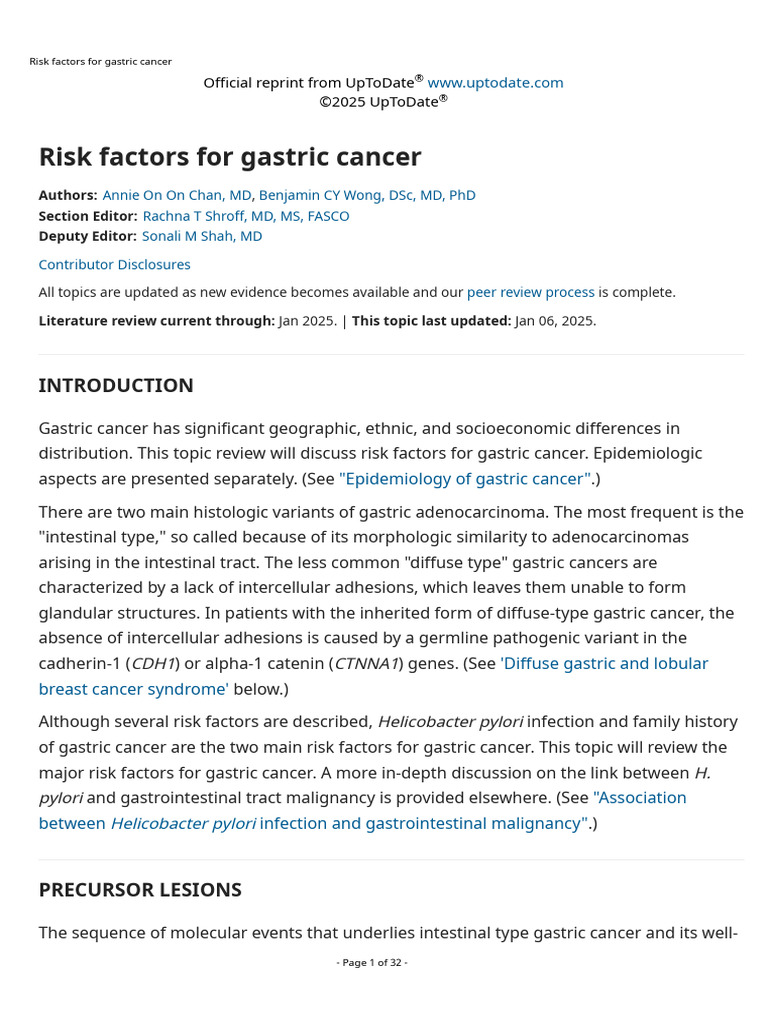 Risk Factors For Gastric Cancer | PDF | Cancer | Stomach