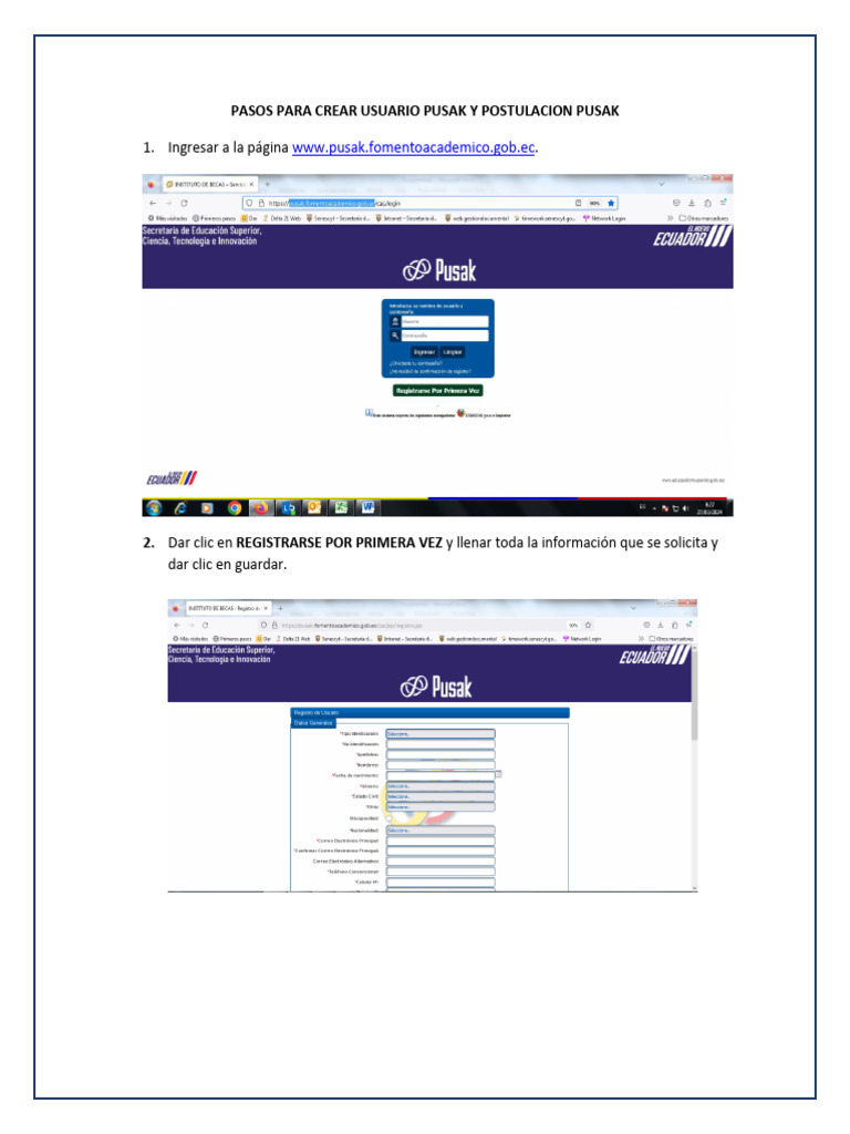 Crear Cuenta y Postulación en Pusak | PDF